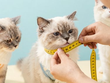 Bright natural daylight close-up of hands gently measuring a fluffy cat's chest with a yellow measuring tape, soft pastel background, professional pet styling