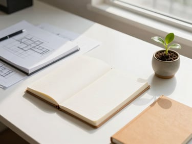 Overhead view of a clean desk layout with structured notebooks, architectural drawings, and a small healthy sapling in a ceramic pot, bright natural daylight