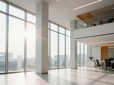 Bright modern office interior showing architectural steel columns and clean glass windows, morning sun flare, professional atmosphere