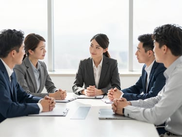 Professional team collaborating in a bright, sunlit meeting room, natural light, focused and calm atmosphere