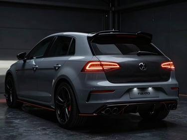 Vue arrière agressive d'un break de chasse haute performance gris nardo, optiques LED allumées, diffuseur en carbone, ambiance garage sombre et moderne, 50mm lens.