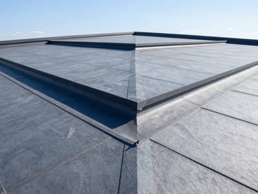 Sharp architectural photography of a newly installed flat rubber roof with clean edges, bright daylight