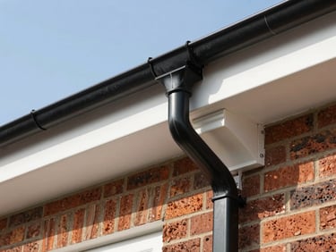 Close-up of clean white UPVC fascias and black half-round guttering installed on a clean brick house, bright natural daylight