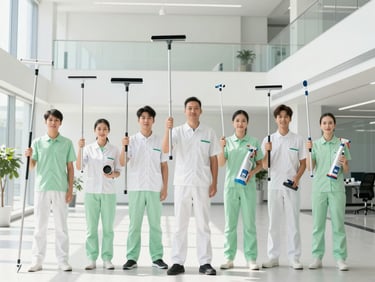 A group of professional cleaning technicians in matching white and light green uniforms standing proudly in a bright, modern, minimalist office lobby, holding high-end cleaning equipment, high-key lighting