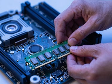 Close-up of hands installing a clean RAM memory stick into a modern motherboard, cool blue lighting