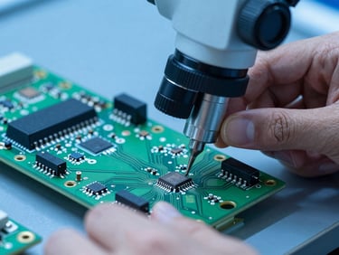 Macro photography of a technician micro-soldering a tiny resistor on a green circuit board under a digital microscope, cool blue lighting