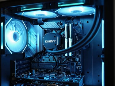 Glow of custom liquid-cooled gaming PC interior, neon cyan and blue highlights, sharp focus