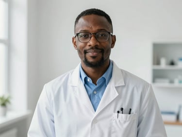 Professional medium-close portrait of a male African dermatologist with glasses, clean medical attire, reassuring expression, bright daylight, professional 35mm.