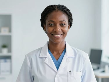 Professional medium-close portrait of a female African dermatologist in a clean white coat, smiling reassuringly, bright clinical backdrop, professional 35mm.