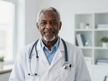 Professional medium-close portrait of a senior African medical doctor in a modern bright office, clean white coat, professional 35mm.