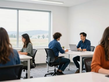 Bright editorial photography of a modern collaborative workspace in Idaho, natural window light, clean white spaces, shallow depth of field, 35mm