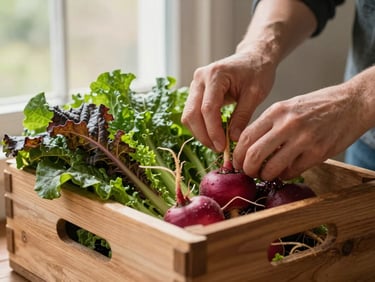 Hands carefully placing fresh organic greens and root vegetables into a rustic wooden CSA delivery box, warm morning light, shallow depth of field