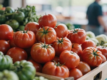 A bustling outdoor farmers market stall with vibrant heirloom tomatoes stacked neatly, soft natural daylight, cinematic depth of field
