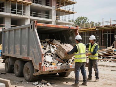 Wide shot of two workers in hard hats and safety vests loading construction debris into a skip container on an active building site, natural daylight, rubble and scaffolding in background