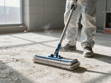 Detail of a worker in protective overalls and gloves scrubbing a dusty concrete floor on a construction site, mop and cleaning equipment visible, bright natural light from a window, dust particles in the air