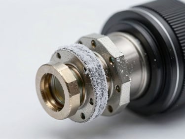 Macro shot of a low-temperature thermal expansion valve with light frost, bright clean lighting, high-resolution technical component.