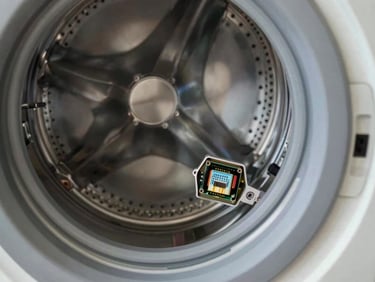 Close-up of a high-efficiency washing machine stainless steel drum and electronic control board connector, bright natural light.
