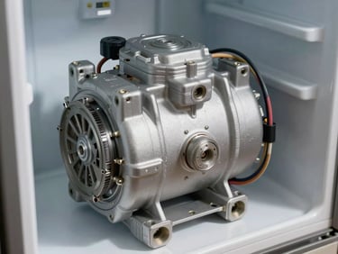 Close-up of a modern refrigerator compressor unit and clean wiring harness, bright daylight, engineering focus.