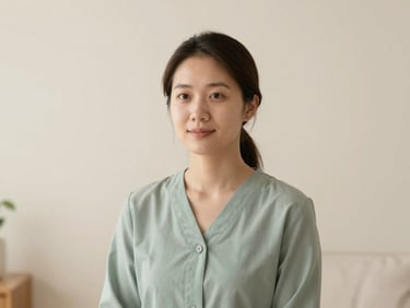 Portrait of a female therapist, soft natural light, warm ivory background, calm expression, professional attire, Japandi style.