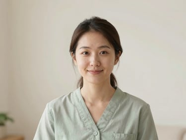 Portrait of a female therapist, soft natural light, warm ivory background, gentle expression, professional attire, Japandi style.