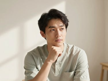 Portrait of a male therapist, soft natural light, warm ivory background, thoughtful expression, professional attire, Japandi style.
