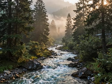 Rushing crystal-clear mountain river winding through a dense pine forest in Pahalgam, soft morning mist filtering through the trees.