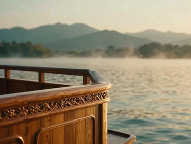Close-up of hand-carved cedar wood details on a luxury houseboat balcony, Dal Lake visible in soft focus, golden hour light.