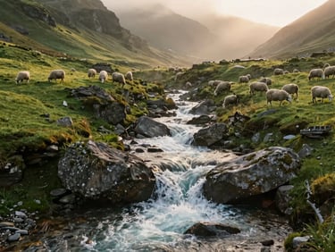A wild mountain stream rushing over grey boulders, surrounded by lush green hillsides and grazing sheep, soft morning light.