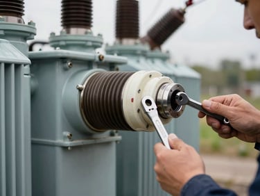 Close-up of a large power transformer bushing terminal, steel and ceramic components, technician's hands with torque wrench in frame, overcast site lighting