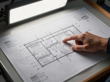 Overhead shot of large-format technical construction drawings on a drafting table, engineer's hand pointing at a circuit detail, hard-edge studio light from above
