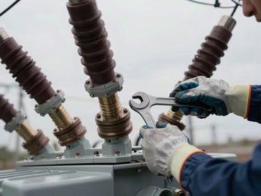 Close-up overhead shot of technician hands torquing high-voltage bushing connections on a power transformer, wrenches and insulated gloves visible, overcast daylight, documentary framing