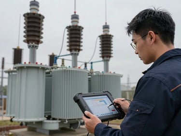Technician with diagnostic equipment connected to transformer bushings at an outdoor substation, data readout visible on ruggedized tablet, overcast sky, tight documentary framing