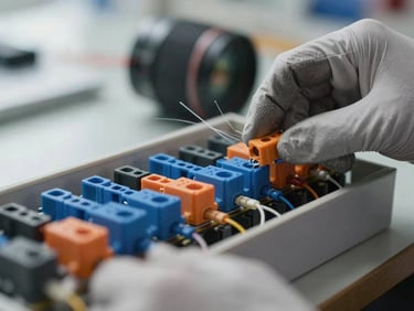 Close-up of a fiber optic splice tray with blue and orange connectors, technician gloved hands mid-task, shallow depth of field, overcast daylight from left
