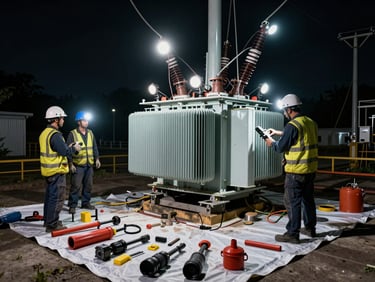 Wide shot of repair crew working at night on a damaged distribution transformer, work lights illuminating the unit, tools and replacement parts laid out on a ground tarp, no posed workers