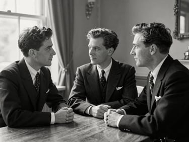 Vintage black and white archival photo of fraternal members gathered around a wooden table under soft window light, warm editorial style.