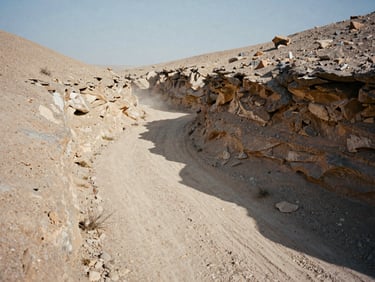 A dusty trail winding through high desert canyons, harsh midday sun shadows