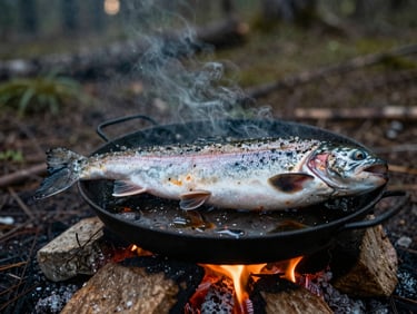 Close-up of a fresh trout cooking over an open campfire in a forest clearing, natural dawn light