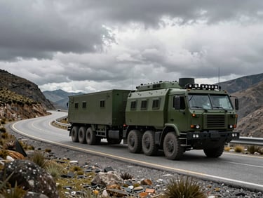 Wide panoramic view of an armored escort vehicle trailing a large cargo truck on a winding Andean highway under dramatic overcast daylight, high contrast, green ambient light details.