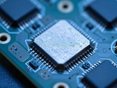 Macro shot of a ruggedized PCB assembly with metallic shielding, high-contrast technical lighting, cool blue tones, sharp details