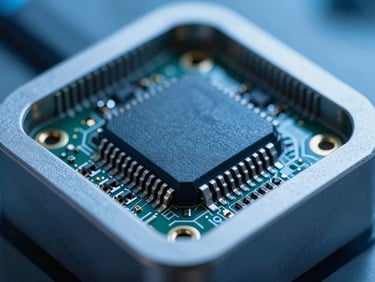 Macro shot of a ruggedized PCB assembly inside a titanium gray enclosure, cool blue laboratory lighting, sharp metallic reflections, shallow depth of field, high-precision industrial technical aesthetic