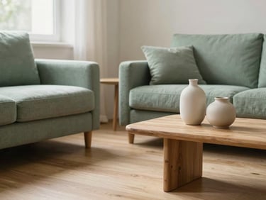 Soft diffused daylight illuminating a minimalist Scandinavian living room with light oak floors, a sage green linen sofa, and matte ceramic vases on a low wooden table.