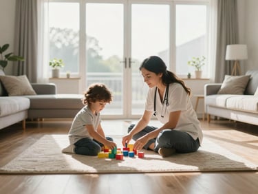 Wide angle of a bright living room, a therapist sitting cross-legged on the floor with a child arranging colored blocks, late afternoon window light casting soft shadows, natural and unhurried