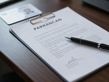 Overhead close-up of an official diploma document and a faculty credential card laid on a dark institutional desk, natural cool light from the left, a professional pen resting across the document corner
