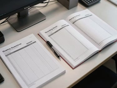 Overhead shot of a warehouse office desk with shipping manifests and accounts ledger open side by side, clean overhead task lighting, pen resting on a column of figures, no faces, editorial framing