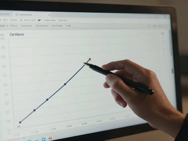 Close-up of a monitor displaying a cash-flow chart with annotated milestone markers, task lighting from above, a hand holding a pen pointing at a specific data point, no faces, editorial framing