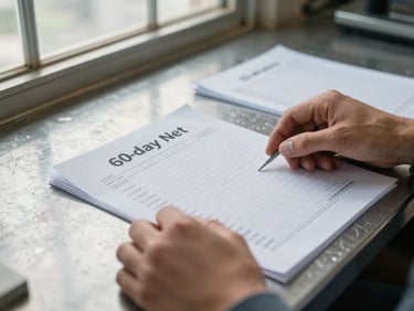 Close-up of hands sorting printed purchase orders on a metal factory floor desk, natural light from a high industrial window, documents show 60-day net terms in black ink, editorial framing, no faces