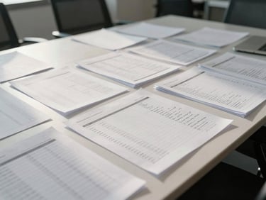 Wide shot of a conference table covered in spreadsheet printouts and handwritten margin notes, overhead task lighting, no people present, early morning office light entering from left