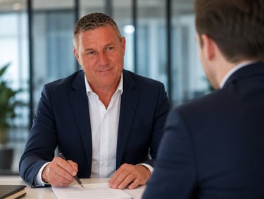 Professional businessman in a suit signing a legal contract during a corporate meeting in a modern office.