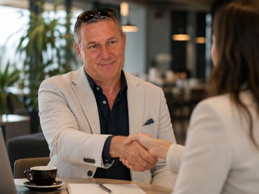 Professional businessman in a light blazer shaking hands with a client during a business meeting.