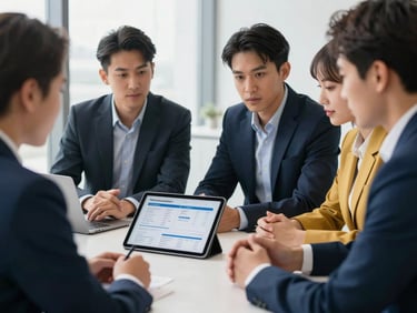 Medium close-up of a diverse group of professionals in a modern, naturally lit office, engaged in a discussion around a tablet displaying data, reflecting technological integration in recruitment. Clean corporate photography, bright natural daylight, deep navy and gold accents, professional editorial style, 35mm lens.